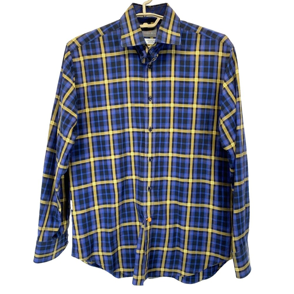 Thomas Dean Mens L 16-35 Blue/Gold Check Shirtmakers Cloth Button Up Long Sleeve